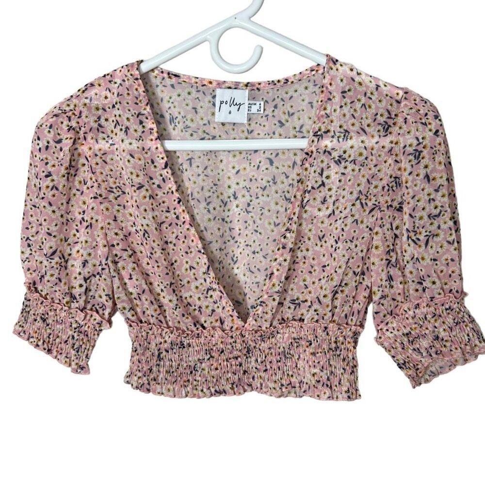 Princess Polly Floral V Neck Floral Sheer Cropped Peasant Top Size Small‎ 2